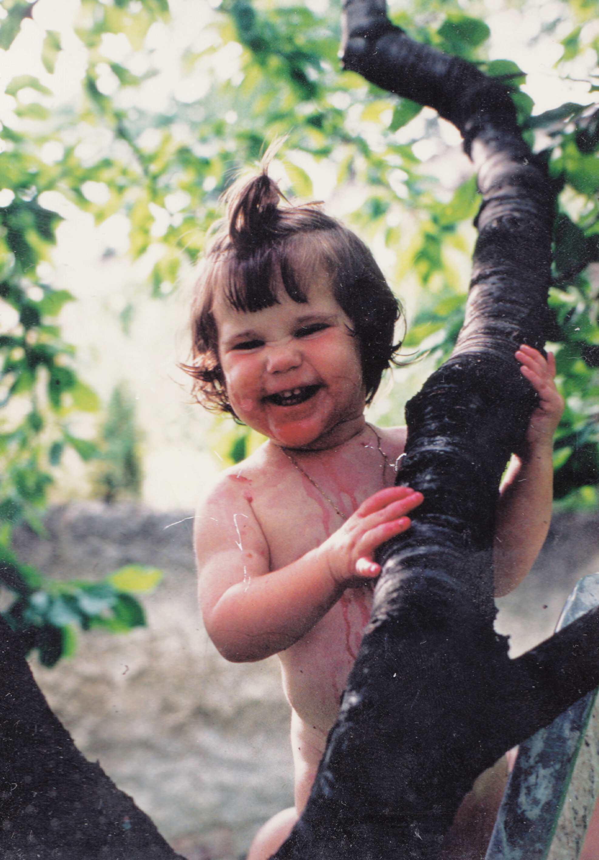 Fröhliches Kind im Kirschenbaum